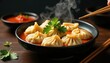 © Patchanee - Steaming dumplings, vibrant sauces, chopsticks, savory, meat, appetizing