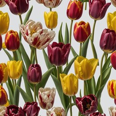 Aufkleber - Vibrant collection of tulips in various colors blooms against light background. Petals display intricate patterns, from yellow, red to purple, white with red streaks. Some flowers fully open.