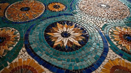 Poster - Skilled artisan meticulously arranges small, irregularly shaped tiles to create vibrant mosaic. Tiles form intricate flowers with detailed petals, centers, showcasing artistry, craftsmanship. Blue.