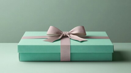 Poster - Elegant gift box with ribbon and bow on a pastel green background for special occasions and celebrations