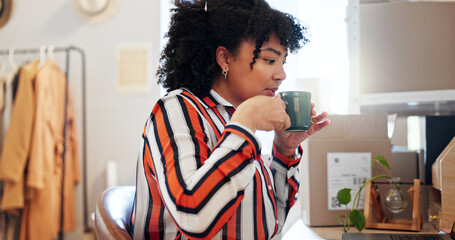 Leinwandbilder - Coffee, relax and woman in office for startup business with admin for ecommerce orders. Research, computer and female fashion designer drinking cappuccino in morning for shipping information.