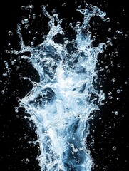 Poster - Dynamic water splash on black background creating abstract shapes and patterns with refreshing and pure essence in studio shot