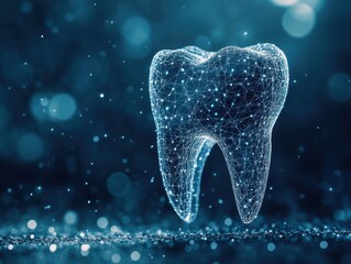 Poster - Digital tooth model with network connections on a dark blue background for dental care and technology