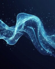 Poster - Ethereal blue wave of sparkling particles on a dark background creating a dreamy and abstract visual effect with a modern and elegant style