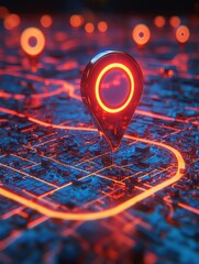 Poster - Glowing Location Pin on a Futuristic City Map with Neon Lights and Circuit Board Design for Navigation and Technology