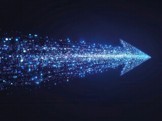 Poster - Digital arrow illuminated with blue light on dark background symbolizing progress and direction in technology