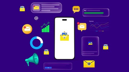 Poster - Email Marketing through smartphone concept with graph and floating infographics 4k animation. Dashboard, ads, advertising, mail, announcement, result, conversions.