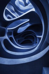 Poster - Abstract architectural design in blue tones showcasing a modern interior with organic shapes and dynamic lighting creating a futuristic mood