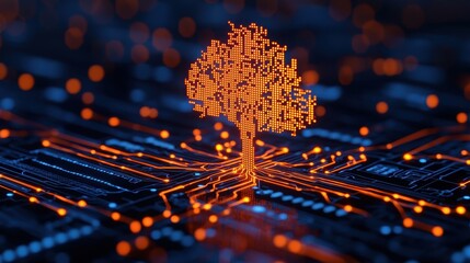 Poster - A digital tree emerges from a circuit board, symbolizing the intersection of nature and technology through vibrant colors and intricate design.