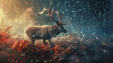 Poster - Majestic deer with large antlers walking through an enchanting forest during winter as snow falls