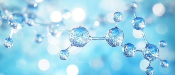 Poster - Captivating Molecular Structure Visualization with Spherical Atoms and Bonds on a Soft Blue Bokeh Backdrop for Science and Research