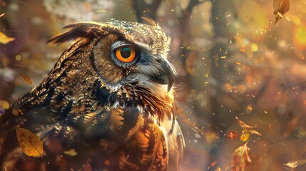 Aufkleber - Owl with intense orange eyes gazes majestically in a forest filled with falling autumn leaves