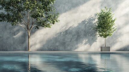 Poster - Serene pool reflection with trees against textured wall creating a peaceful and modern architectural scene with sunlight and shadow play for relaxation