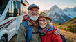 © Chopang.studio - Senior couple traveling in RV, embracing each other with joy against mountain backdrop, showcasing love and adventure