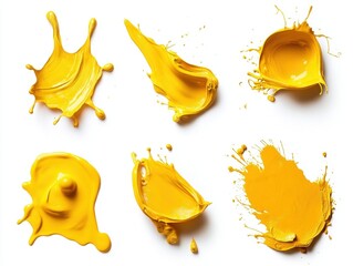 Poster - Vibrant yellow paint splashes on white backdrop creating dynamic artistic composition for creative projects and visual arts