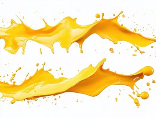 Poster - Dynamic splash of vibrant yellow paint creating abstract forms on a clean white backdrop in studio shot