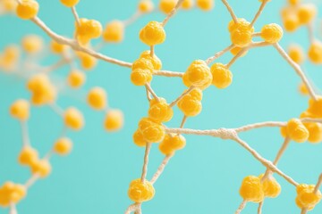 Poster - Abstract Molecular Structure with Yellow Spheres and Interconnected Lines on a Clean Turquoise Background Capturing Scientific Precision and Visual Clarity