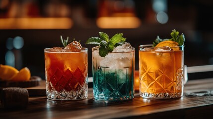 Poster - Three vibrant cocktails on a wooden bar top showcasing refreshing drinks, with a warm and inviting atmosphere, perfect for a night out, in a close up shot