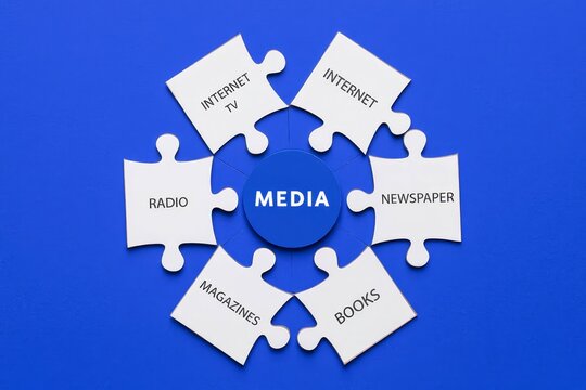 Text on puzzle pieces - Media, tv, internet, radio.