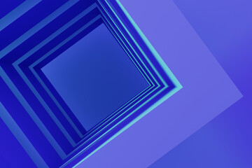 Poster - Abstract blue 3d background with square neon light tunnel in perspective top view. Futuristic digital technology design. Render modern geometric line pattern with turquoise gradient. 3D illustration