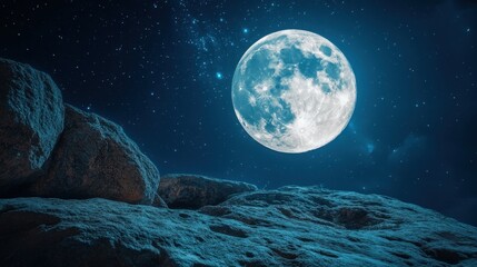 Wall Mural - Ethereal lunar landscape with a glowing full moon casting a serene light over rocky terrain under starry sky