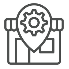 Poster - Shop with cogwheel gear on location pin line icon, repair service concept. Vector graphics. Workshop house, hardware sign on white background, outline style icon for mobile or web design.