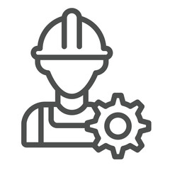Fototapete - Builder man and cogwheel line icon, repair service concept. Vector graphics. Engineer with hat, mechanician sign on white background, outline style icon for mobile or web design.