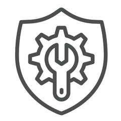 Poster - Wrench with cogwheel gear on safety emblem line icon, repair service concept. Vector graphics. Mechanic tool shield sign on white background, outline style icon for mobile or web design.