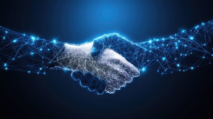 Poster - A digital handshake is depicted against a blue technology background, featuring a connected network that symbolizes collaboration and connectivity.
