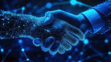 Poster - A digital handshake is depicted against a blue technology background, featuring a connected network that symbolizes collaboration and connectivity.