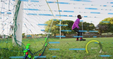 Poster - Practicing goalkeeping, soccer player with animation data overlay on field