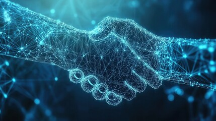 Poster - A digital handshake is depicted against a blue technology background, featuring a connected network that symbolizes collaboration and connectivity.