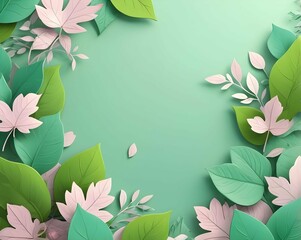 Leinwandbilder - A serene, pastel green canvas framed by lush, stylized leaves in shades of pink and emerald, creating a tranquil botanical border with a single