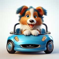  Collie Welpe im blauen Auto