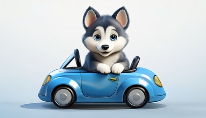  Husky Welpe im blauen Auto