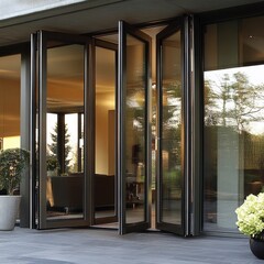Poster - Modern folding glass door system showcasing seamless indoor outdoor living and architectural design with natural light and warm interior ambiance