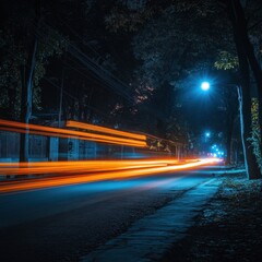 Poster - Dynamic Urban Nightscape with Vibrant Light Trails Illuminating a Dark Street Surrounded by Trees