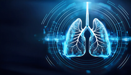 Poster - Digital illustration of lungs with a high-tech design, featuring blue hues and circular patterns, symbolizing health and technology