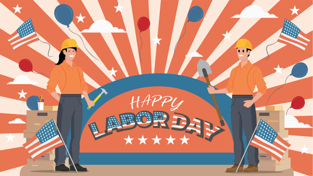 Festive Labor Day Celebration Poster with Patriotic Workers, American Flags, and Tools