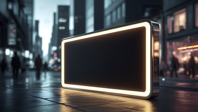 Sleek, rectangular illuminated storefront sign with a glossy finish, mounted on a minimalist metal frame, glows with a soft, warm white light against a dark, velvety black background.