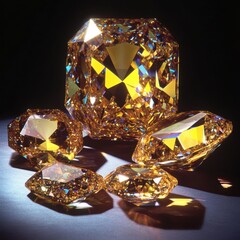 Poster - Radiant golden diamonds sparkling with brilliance on a dark surface capturing luxury and wealth in a studio shot with a high angle view