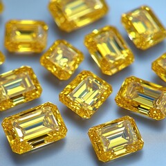 Poster - Radiant yellow diamonds on a soft gray surface capturing the essence of luxury brilliance and refined elegance in a high angle shot