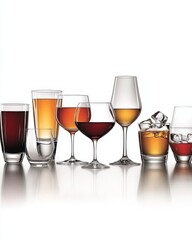 Poster - Elegant collection of diverse alcoholic beverages in crystal glasses on a reflective surface against a bright white background