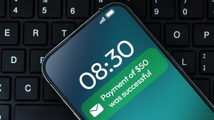 Poster - Payment successful message on the smartphone screen 4k footage. Fifty dollars payment notification, close up phone.