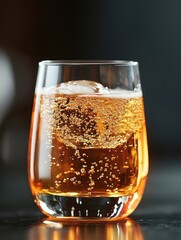 Poster - Refreshing amber beverage with sparkling bubbles and ice cube in a glass on a dark surface creating a captivating visual mood