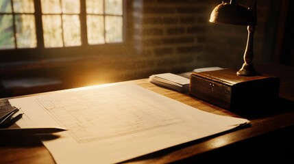 Poster - Detailed architectural plans spread on a wooden desk beside a vintage lamp in a sunlit room