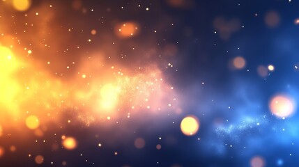 Abstract cosmic background with vibrant orange and blue hues, shimmering particles floating