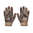 © kiimoshi - A pair of worn, brown work gloves displayed against a white isolated background, showcasing their durable and rugged texture, ideal for outdoor tasks and manual labor.