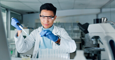 Aufkleber - Experiment, scientist and man with pipette, lab and equipment for biotechnology and pharmaceutical. Healthcare, medical professional and person with test tube for breakthrough or genetic engineering