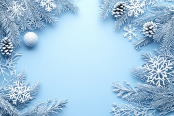 Poster - Winter Holiday Background with Snowy Pine Branches and Snowflakes on Light Blue Backdrop for Festive Season